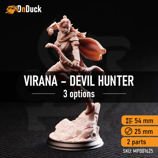 Buy 3d miniature Elf. Ranger. Virana – Devil Hunter. DnDuck Miniatures Store. 3D figures of characters, elves, monsters, bestiaries, landscape, dragons figures and accessories for role-playing games