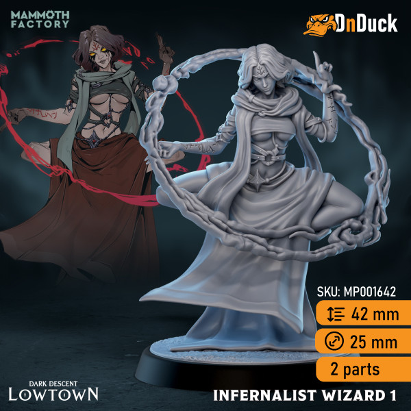Buy 3d miniature Human. Sorcerer / Warlock / Wizard. Lucita Vinaro, Infernalist-Wizard. DnDuck Miniatures Store. 3D figures of characters, elves, monsters, bestiaries, landscape, dragons figures and accessories for role-playing games