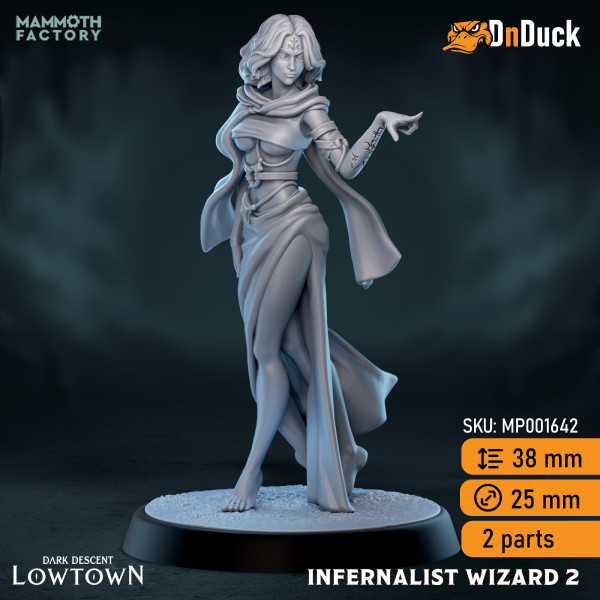 Buy 3d miniature Human. Sorcerer / Warlock / Wizard. Lucita Vinaro, Infernalist-Wizard. DnDuck Miniatures Store. 3D figures of characters, elves, monsters, bestiaries, landscape, dragons figures and accessories for role-playing games