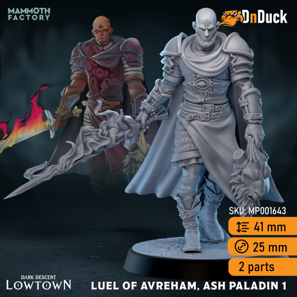 Buy 3d miniature Human. Cleric / Paladin. Luel of Avreham, Ash Paladin. DnDuck Miniatures Store. 3D figures of characters, elves, monsters, bestiaries, landscape, dragons figures and accessories for role-playing games
