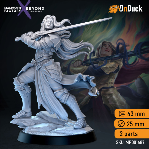 Buy 3d miniature Elf. Fighter / Paladin. Lady Lament. DnDuck Miniatures Store. 3D figures of characters, elves, monsters, bestiaries, landscape, dragons figures and accessories for role-playing games