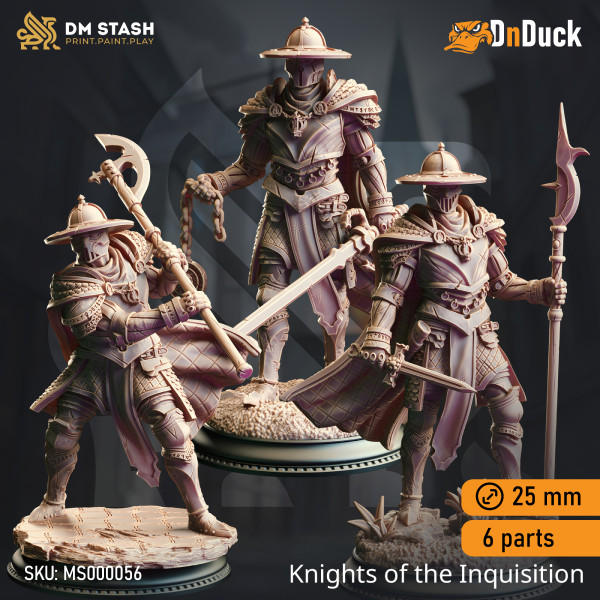 Buy 3d miniature Humanoid / Inquisitors. Trio of Knights - Knights of the Inquisition. DnDuck Miniatures Store. 3D figures of characters, elves, monsters, bestiaries, landscape, dragons figures and accessories for role-playing games
