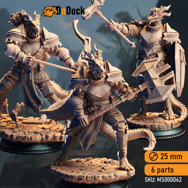 Buy 3d miniature Dragonborn. Azmordion’s Chosen – Silver Dragonkin Knights. DnDuck Miniatures Store. 3D figures of characters, elves, monsters, bestiaries, landscape, dragons figures and accessories for role-playing games